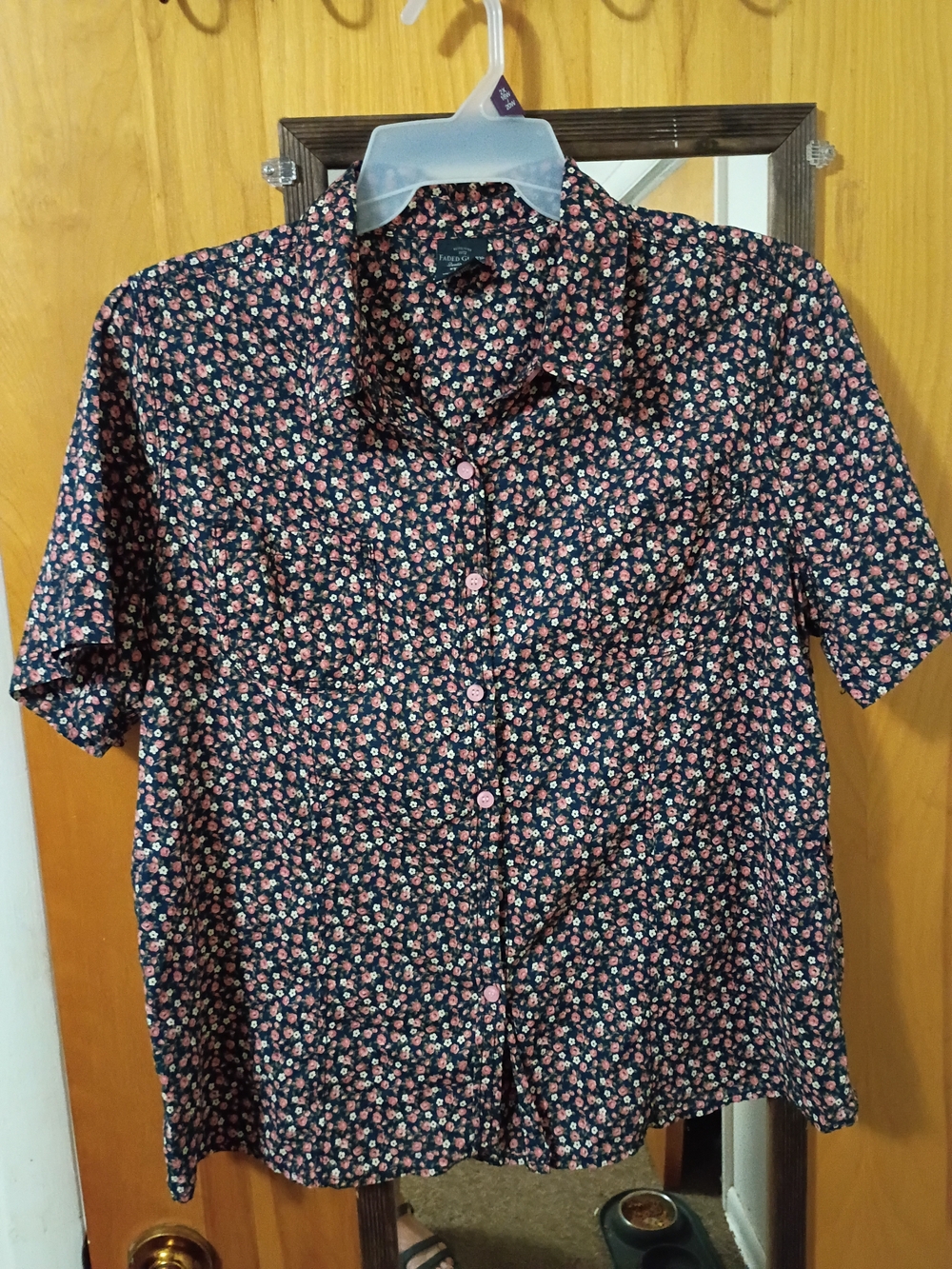 Faded Glory Navy Button-Down Shirt with Pink Floral Print
